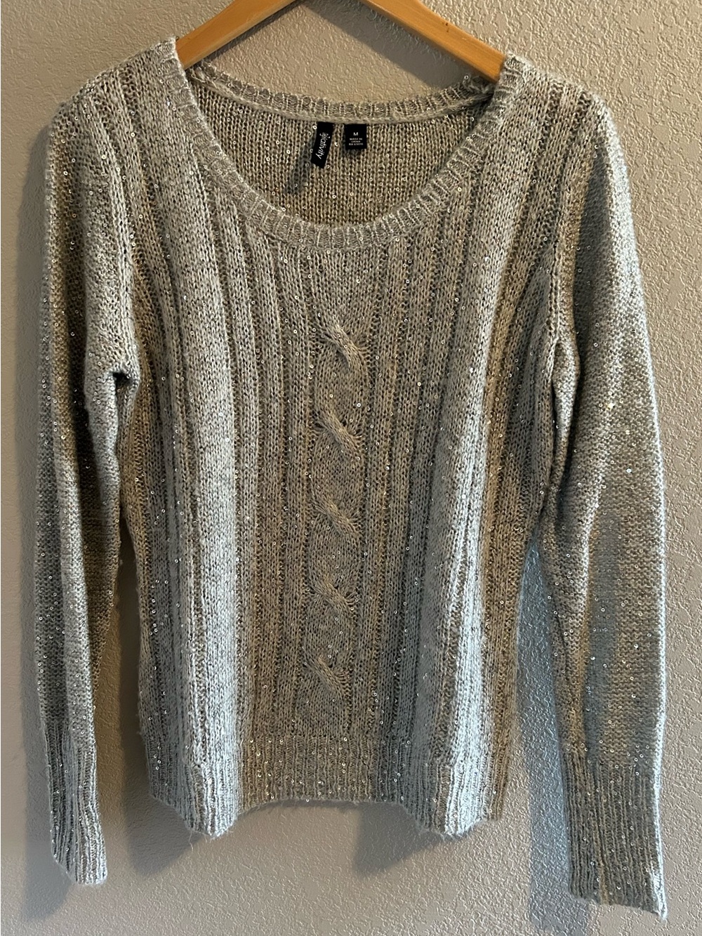 Relativity Silver Sparkle Cable-Front Scoop Neck Sweater